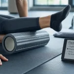 Foam roller sur tapis de yoga, personne roule le mollet