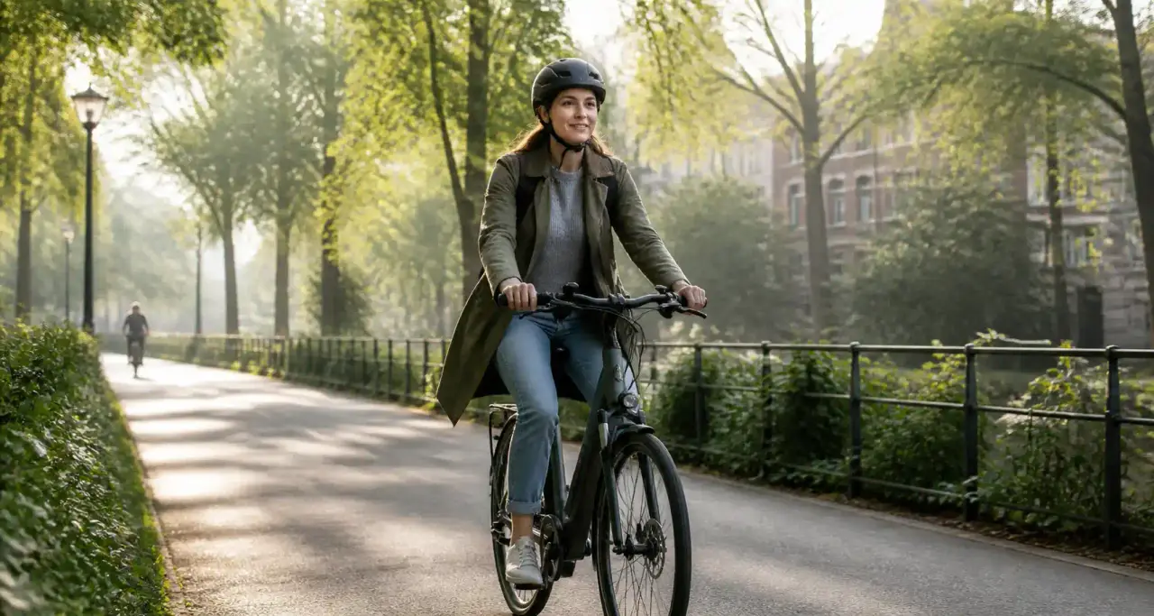 Cycliste sur un vélo électrique le long d'une piste cyclable bordée d'arbres au petit matin
