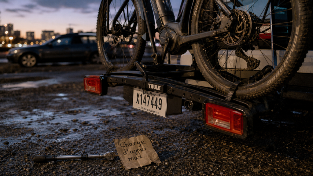 Porte vélos electrique avec charge d’appui : fixation sur attelage et sangle
