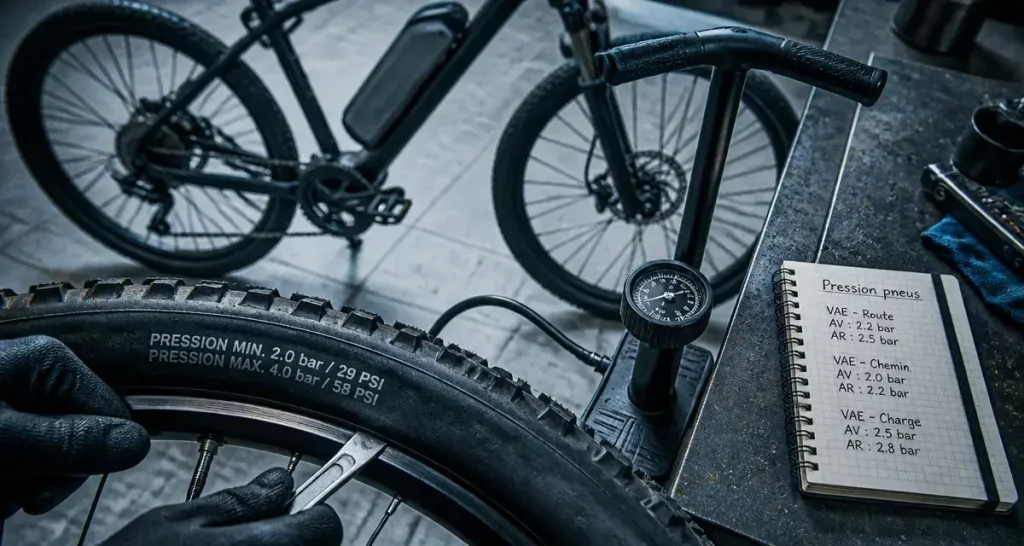 Vérifier la pression pneu vélo électrique avec manomètre et pompe