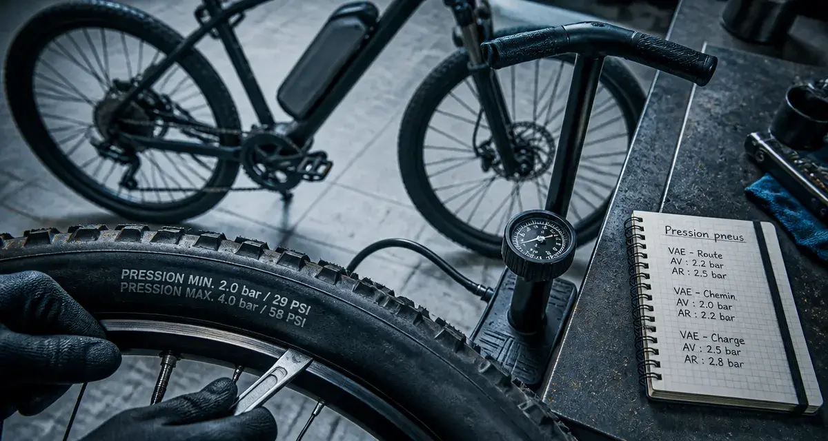 Vérifier la pression pneu vélo électrique avec manomètre et pompe