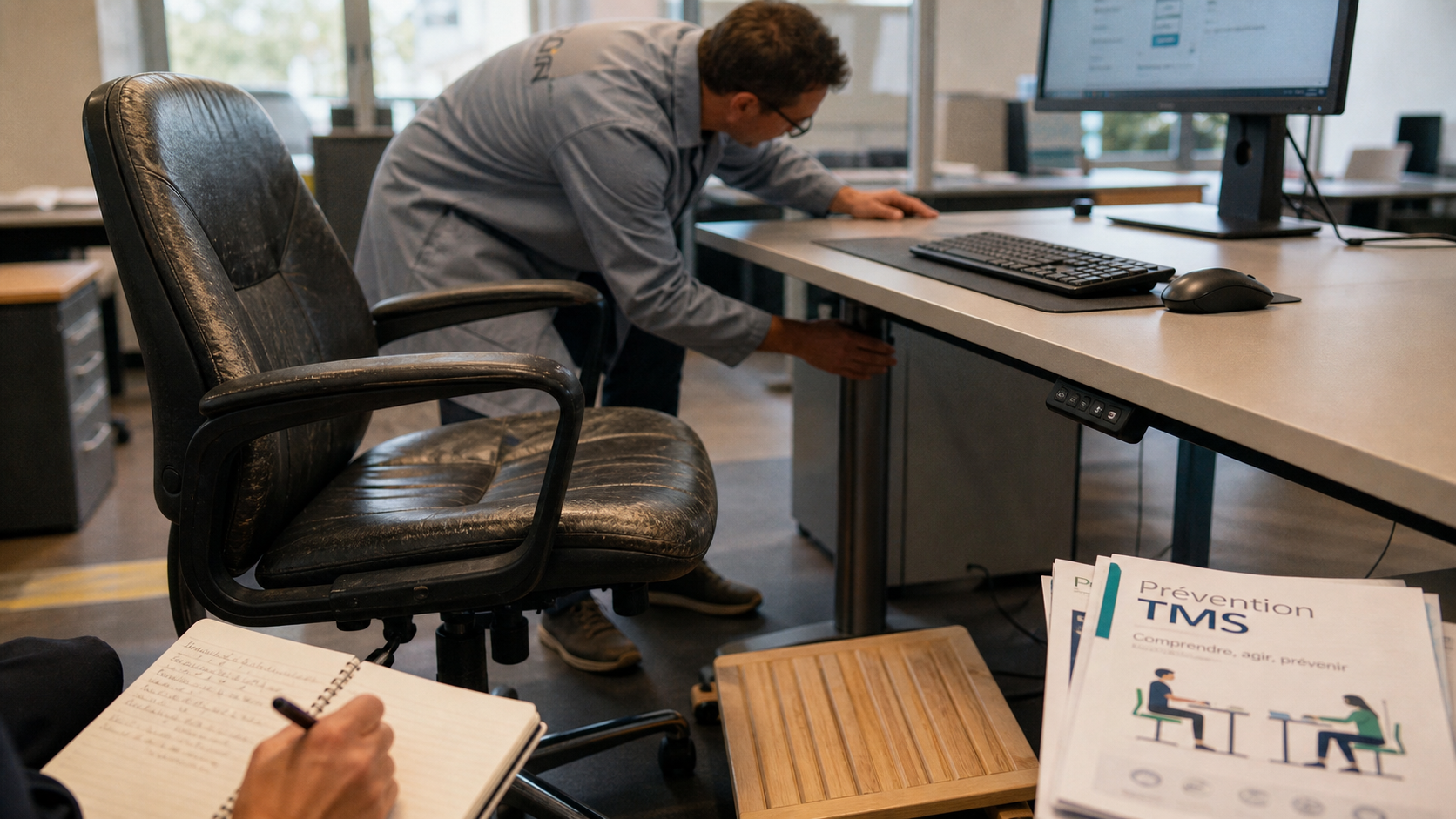 Prévenir les TMS : ergonome règle un poste informatique au bureau