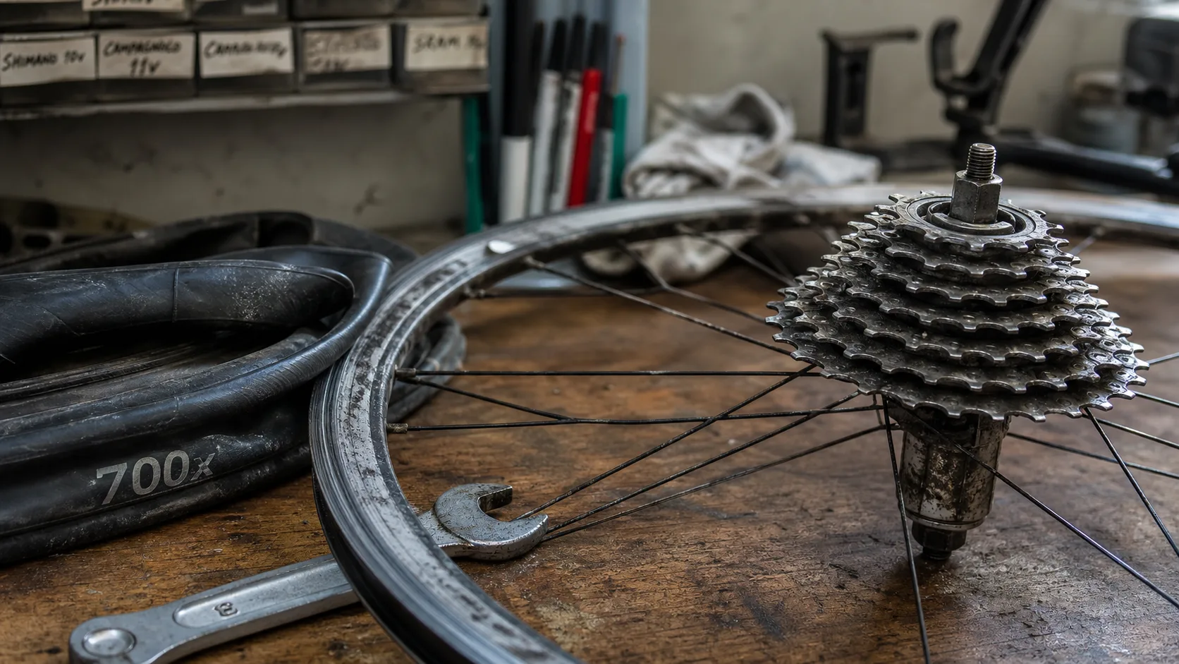 Roue velo arriere démontée sur établi, compatibilité et tailles