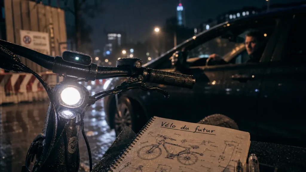 Velo du future, vélo connecté avec sécurité prédictive en ville sous la pluie