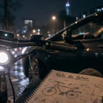 Velo du future, vélo connecté avec sécurité prédictive en ville sous la pluie