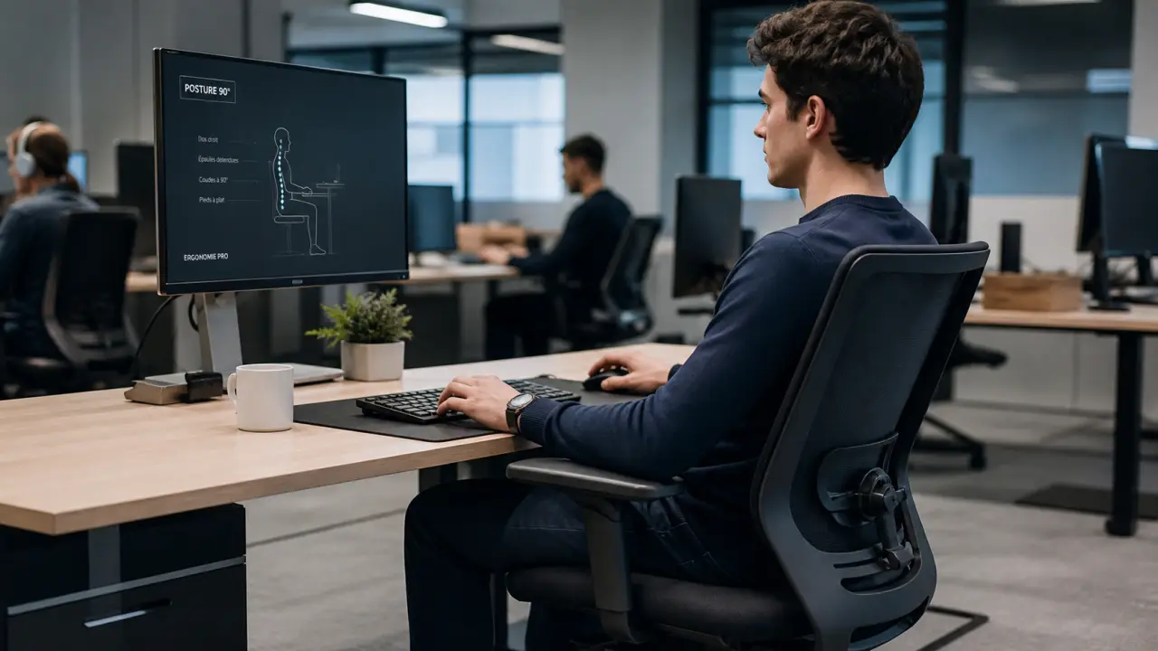 Bonne posture bureau : 90° réglage chaise, pieds à plat