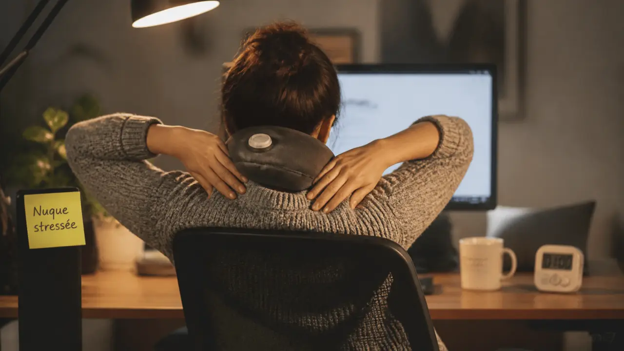 Douleurs cervicales stress : bouillotte et automassage de la nuque au bureau