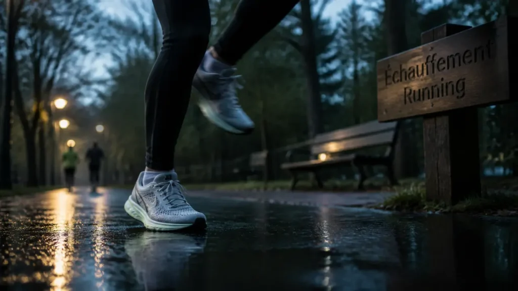 Échauffement running : chaussures au sol avant 2–3 montées de genoux