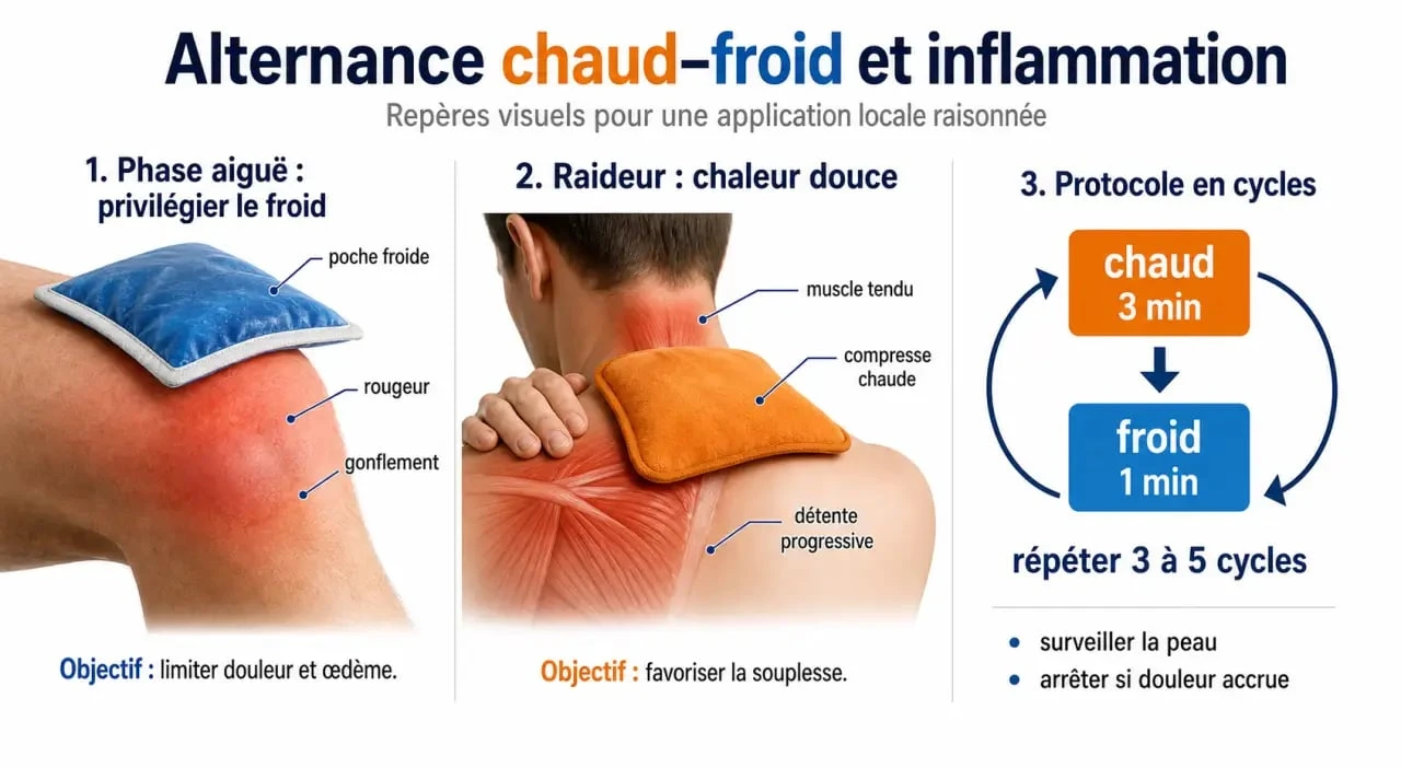 Alternance chaud-froid inflammation : schéma explicatif du froid, de la chaleur et du protocole d'application