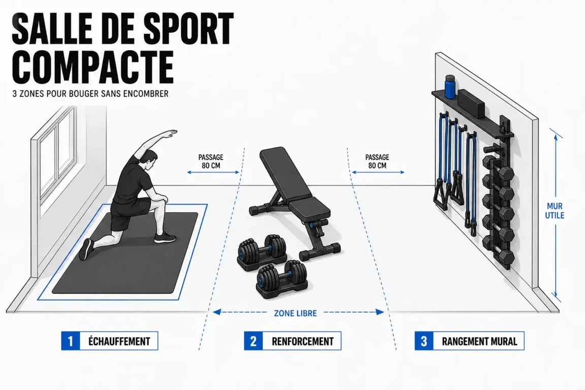 Salle de sport à la maison aménagée dans un salon compact avec zones d’échauffement, de renforcement et de rangement