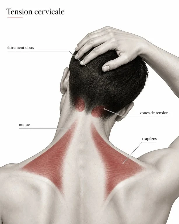 Schéma des douleurs cervicales stress avec nuque tendue, trapèzes et étirement doux