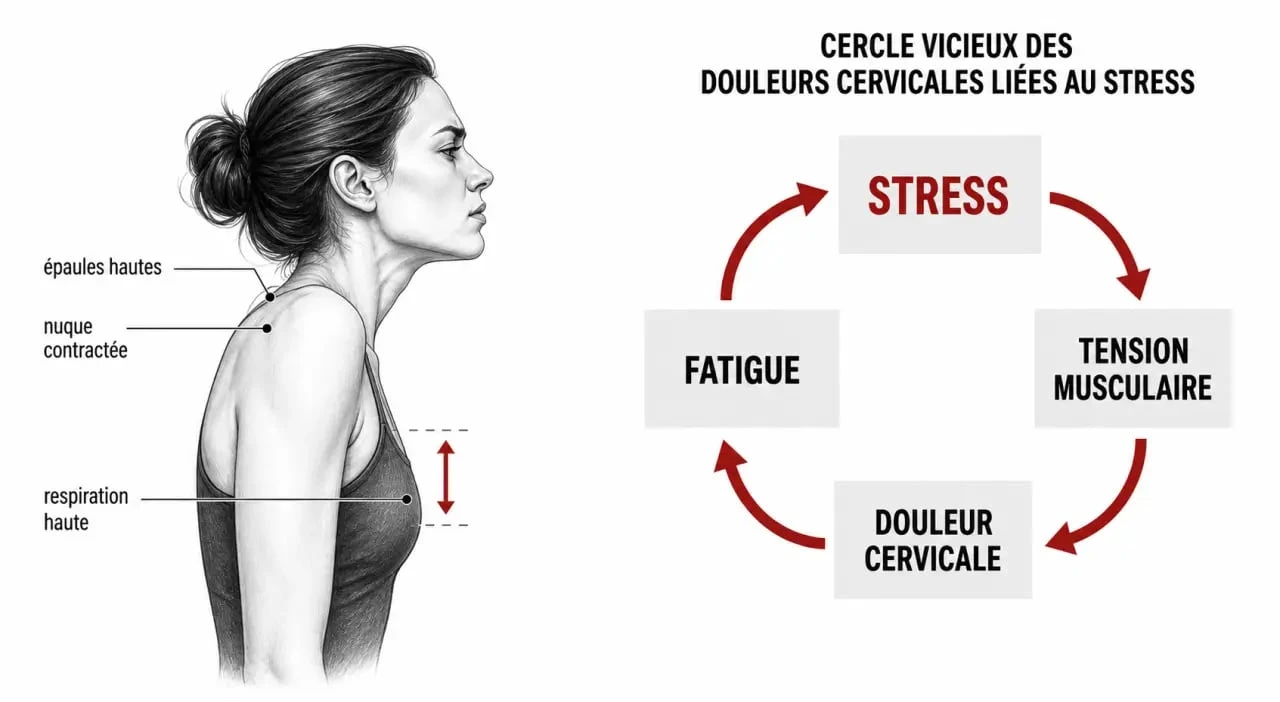 Infographie sur les douleurs cervicales stress montrant le cercle vicieux entre stress, tension de la nuque et douleur