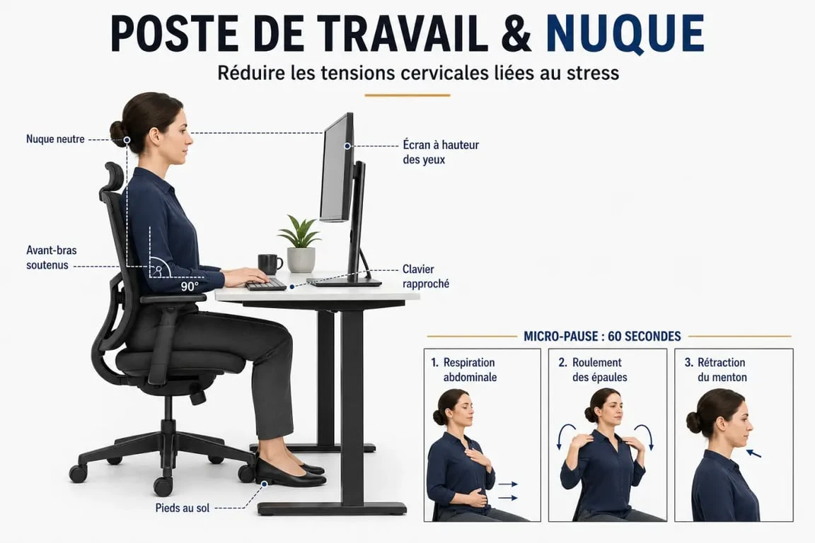 Poste de travail ergonomique pour les douleurs cervicales stress avec micro-pauses et mouvements doux