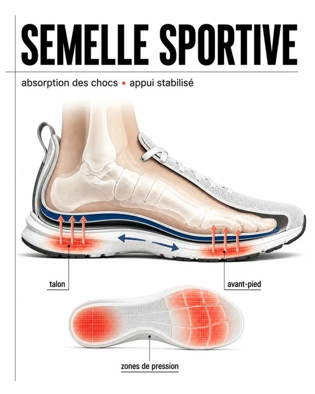 Schéma de semelle orthopédique sport dans une chaussure de running montrant la répartition des appuis