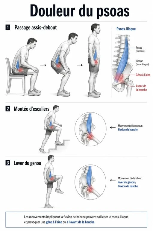 Psoas inflammation : illustration des mouvements et des zones de douleur à l’aine et à la hanche
