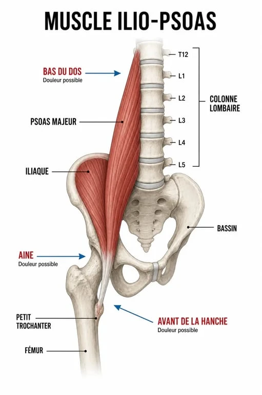 Psoas inflammation : schéma anatomique du muscle ilio-psoas reliant les lombaires au fémur et zones de douleur associées