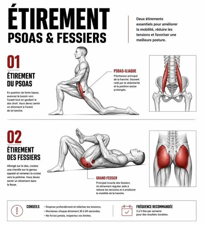 Schéma des étirements du psoas et des fessiers après vélo