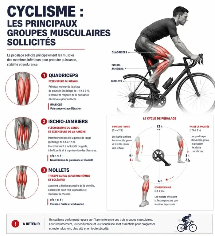 Infographie des muscles des jambes sollicités par les étirements après vélo