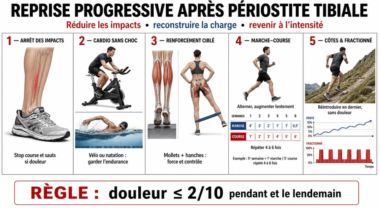 Comment soigner une periostite : étapes de reprise progressive après repos et renforcement