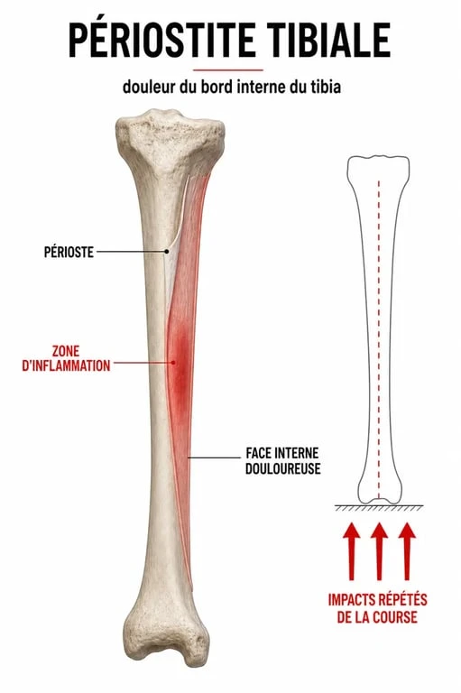Comment soigner une periostite tibiale : schéma de la zone douloureuse sur le tibia et du périoste
