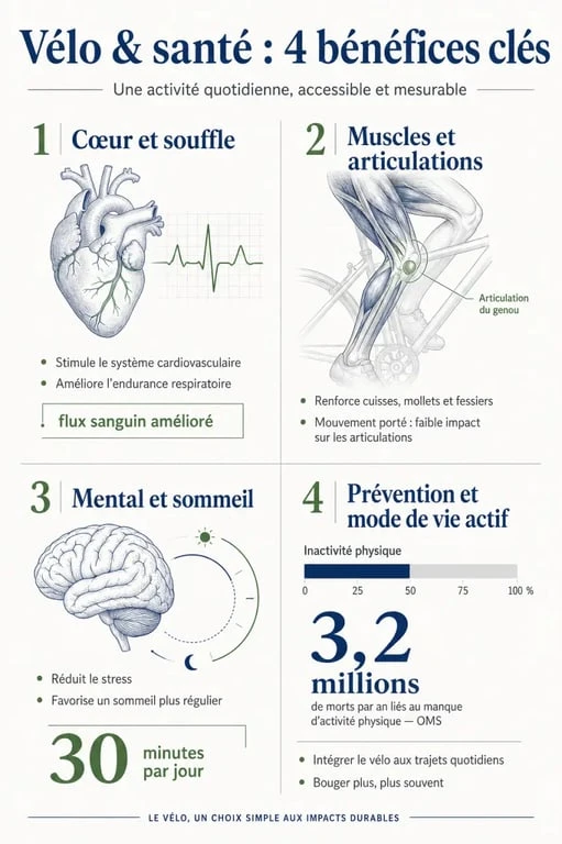 Les bienfaits du vélo pour le cœur, le mental et la prévention, sous forme d’infographie