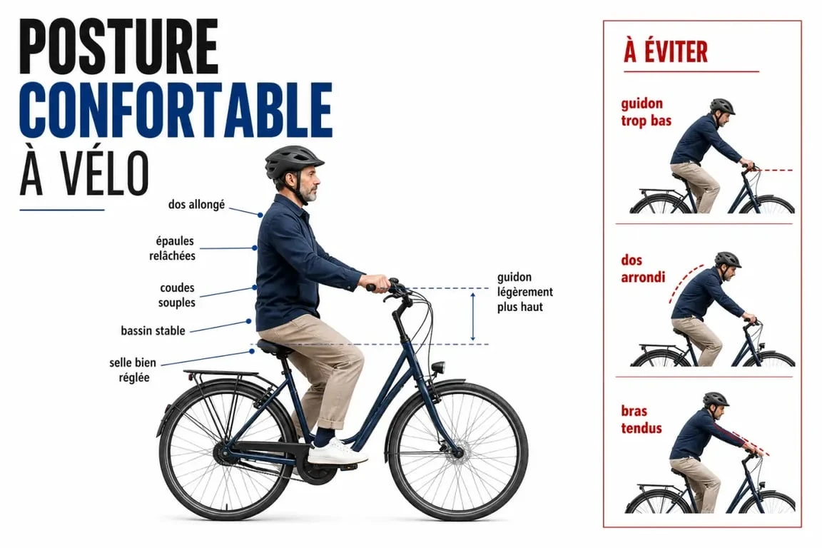 Vélo idéal pour mal de dos : posture redressée sur vélo de ville avec selle et guidon bien réglés