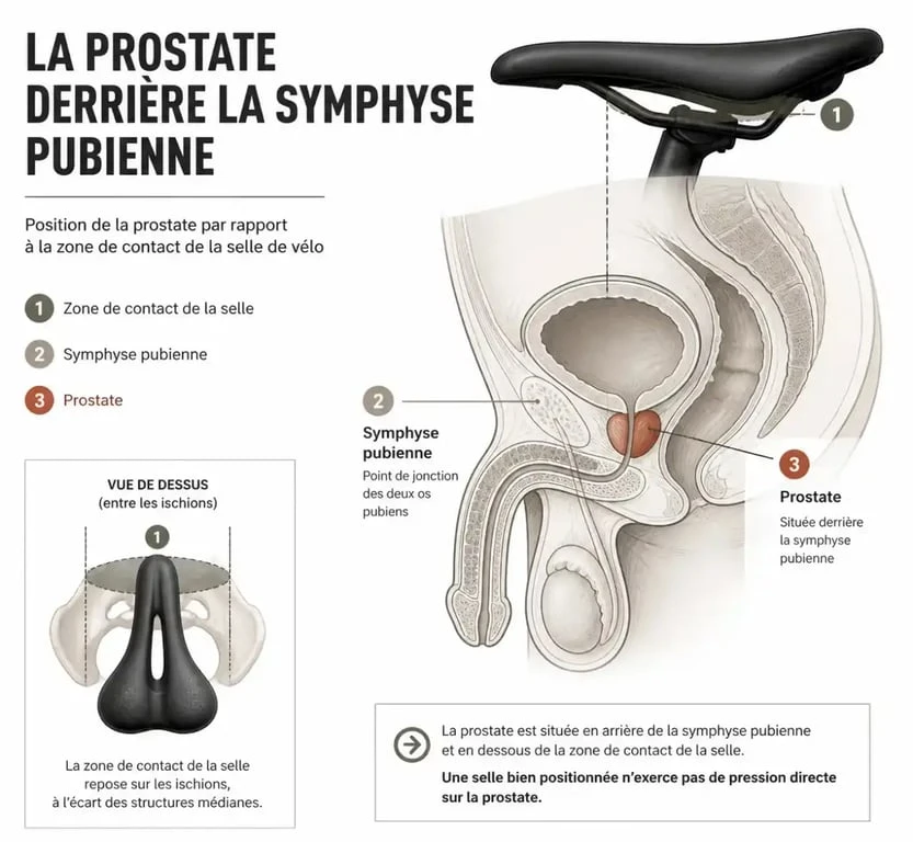 Schéma anatomique expliquant la position de la prostate et le vélo