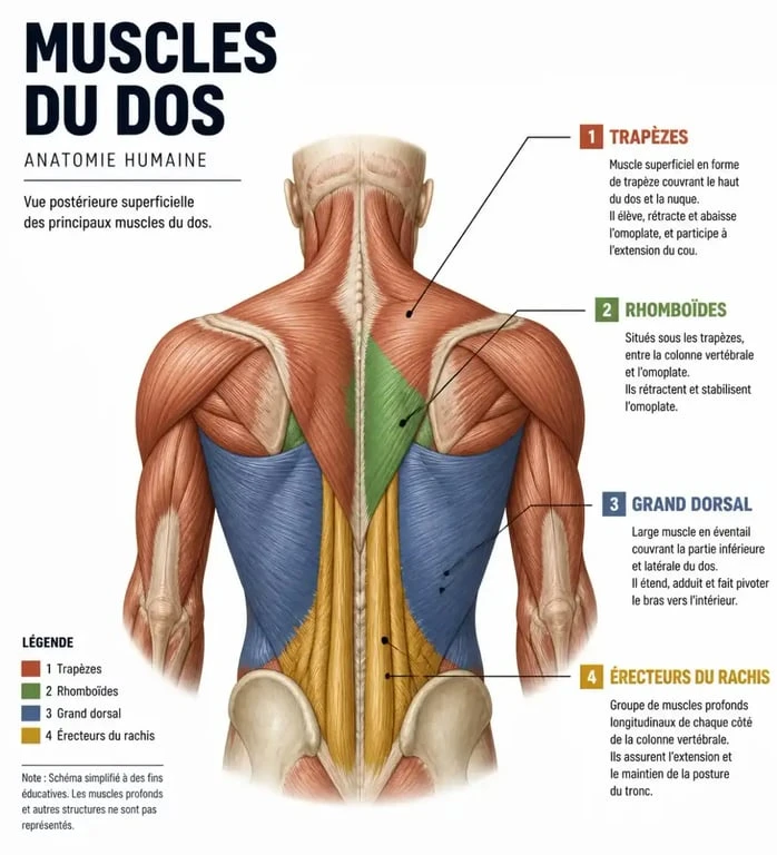 Schéma anatomique des muscles du dos pour muscler le dos efficacement