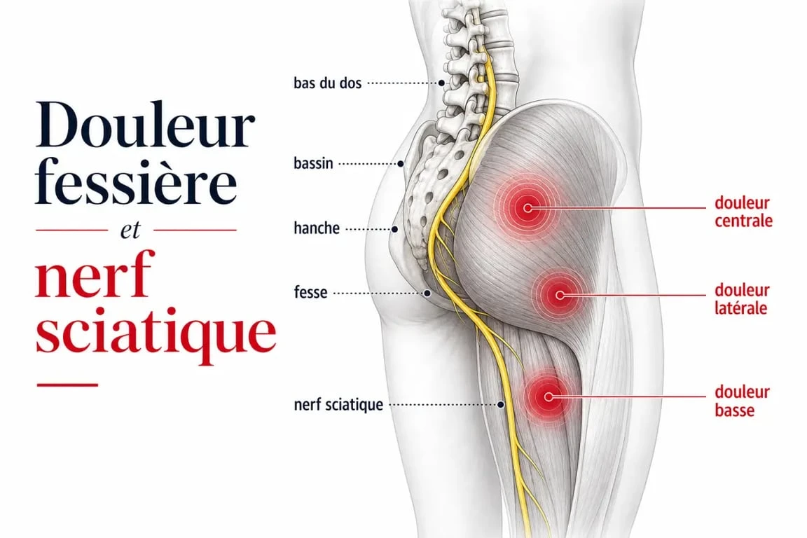 Douleurs fessières : schéma du bassin et du trajet du nerf sciatique