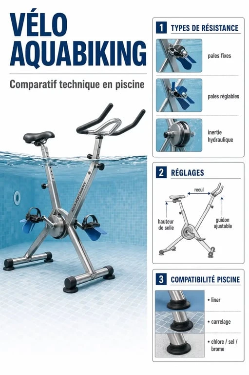 Vélo aquabiking dans une piscine avec comparaison des réglages et des résistances pour choisir le bon modèle