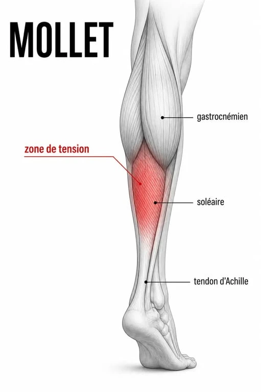 Contracture mollet : schéma simple de la zone douloureuse et des muscles du mollet