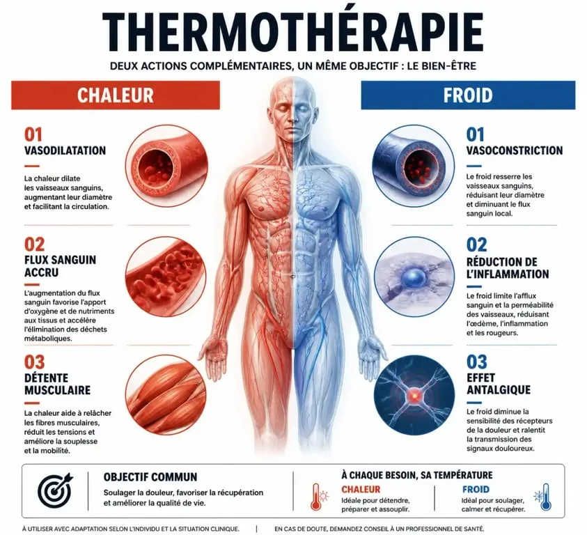 Infographie expliquant les effets de la thermothérapie : vasodilatation par la chaleur et vasoconstriction par le froid pour le soulagement de la douleur.
