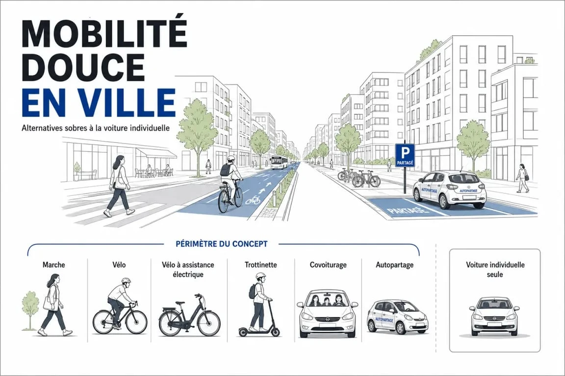Mobilité douces : schéma éditorial des modes de transport inclus et exclus dans le concept
