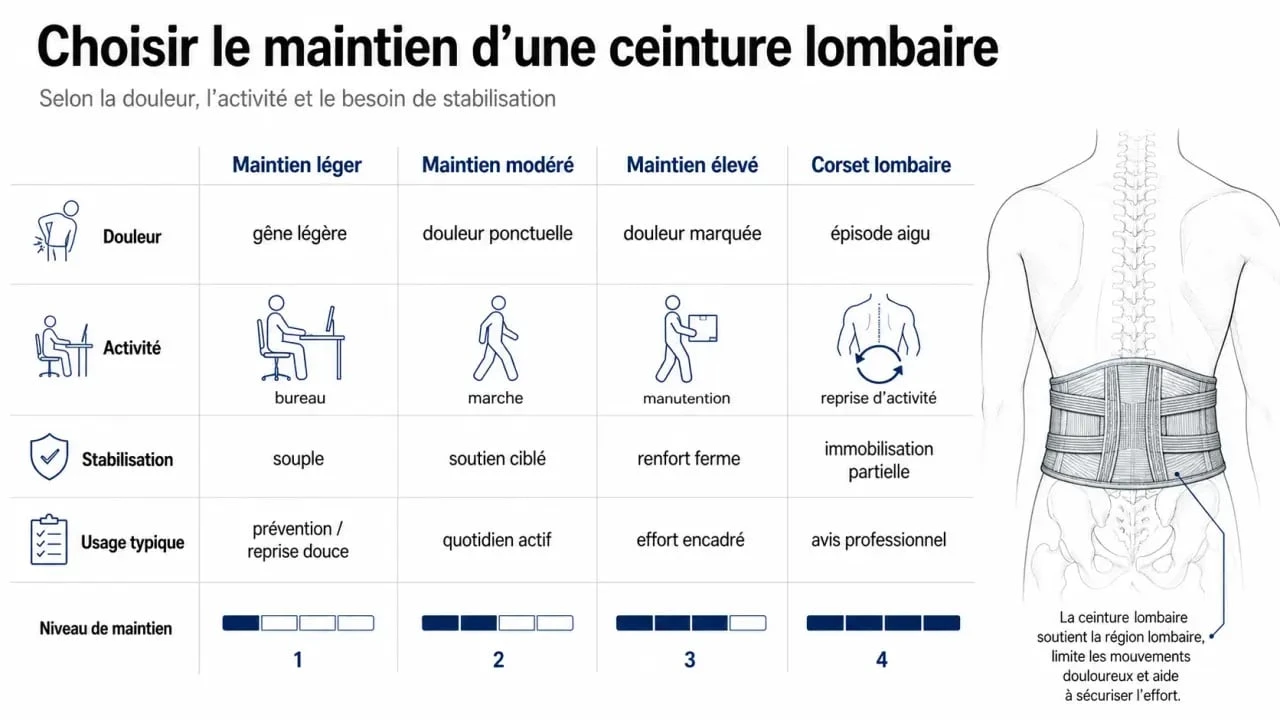 Ceinture mal de dos : comparaison des niveaux de maintien selon la douleur et l’activité