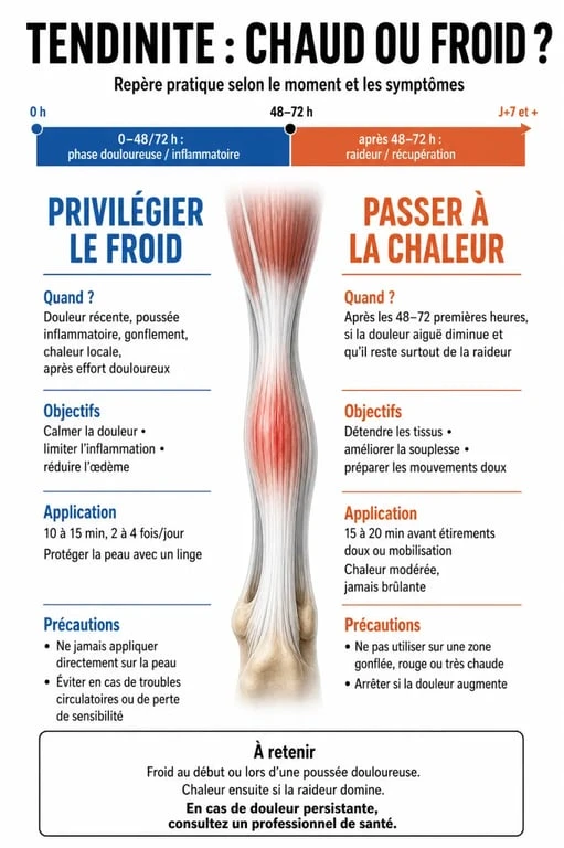 Tendinite mettre du chaud ou du froid : infographie comparant le froid et la chaleur selon la phase de douleur
