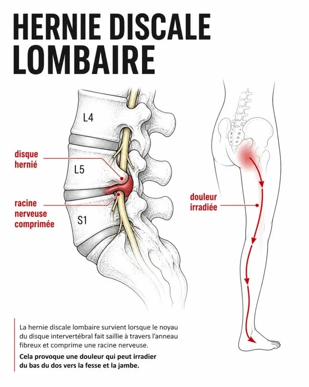 Diagnostique hernie discale : schéma de compression d'une racine nerveuse lombaire