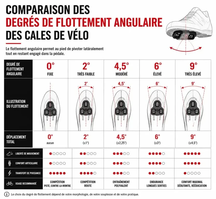 Comparatif des degrés de flottement des cales vélo pour le confort articulaire