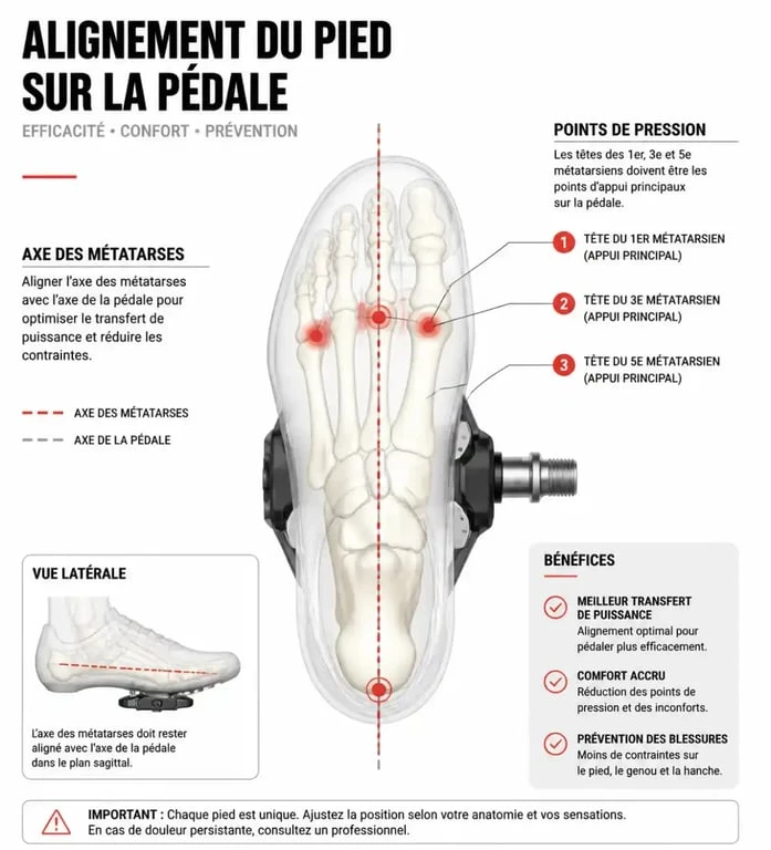 Schéma de réglage des cales vélo pour éviter les douleurs au genou