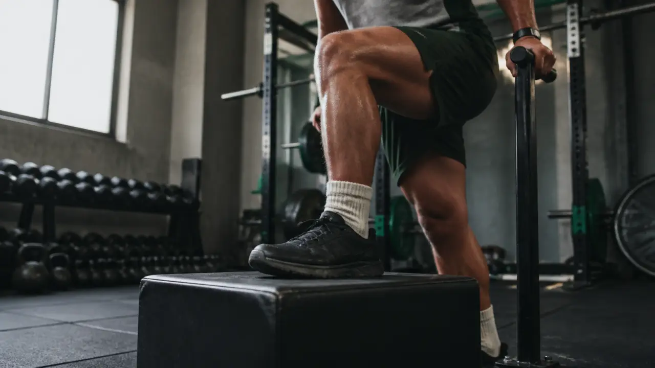 Exercice quadriceps : step up talons surélevés, genou aligné