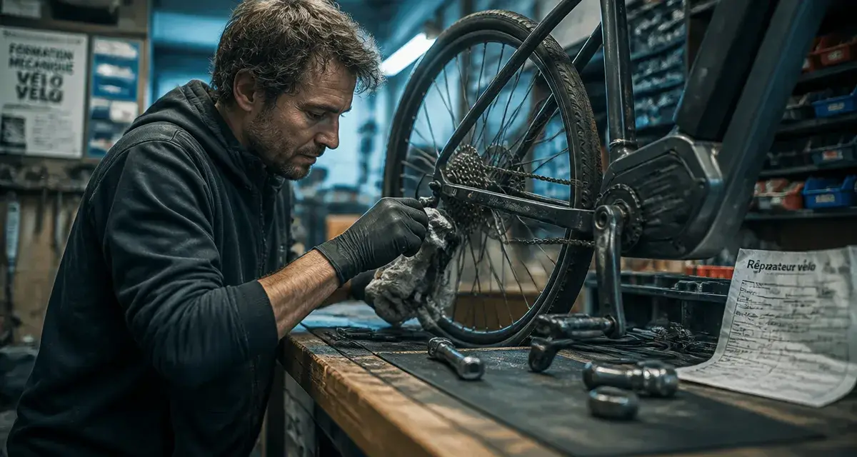 Formation reparateur velo : mécanicien règle un dérailleur en atelier