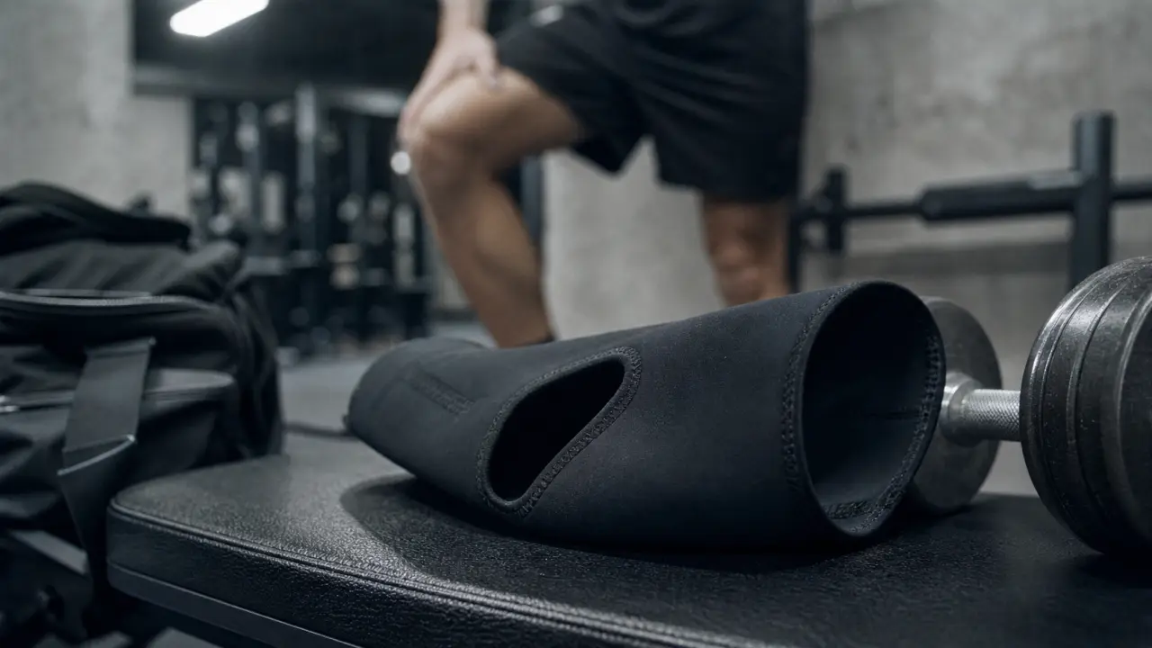 Genouillère musculation en néoprène noir sur banc, pour améliorer le maintien du squat