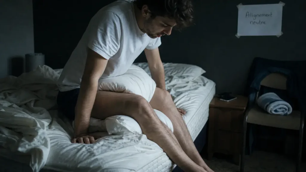 Mal dos reveil : homme se lève avec oreiller sous les jambes