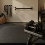Salle de sport à la maison : tapis, haltères réglables et élastiques