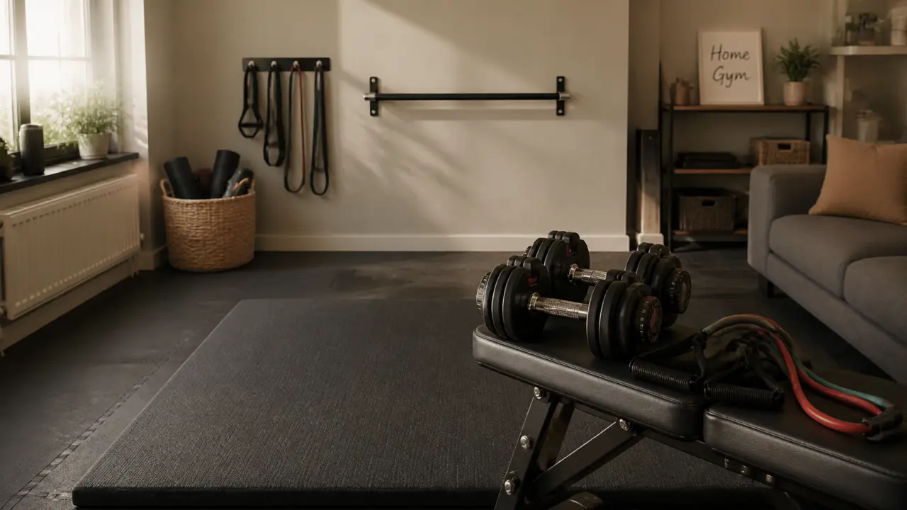 Salle de sport à la maison : tapis, haltères réglables et élastiques