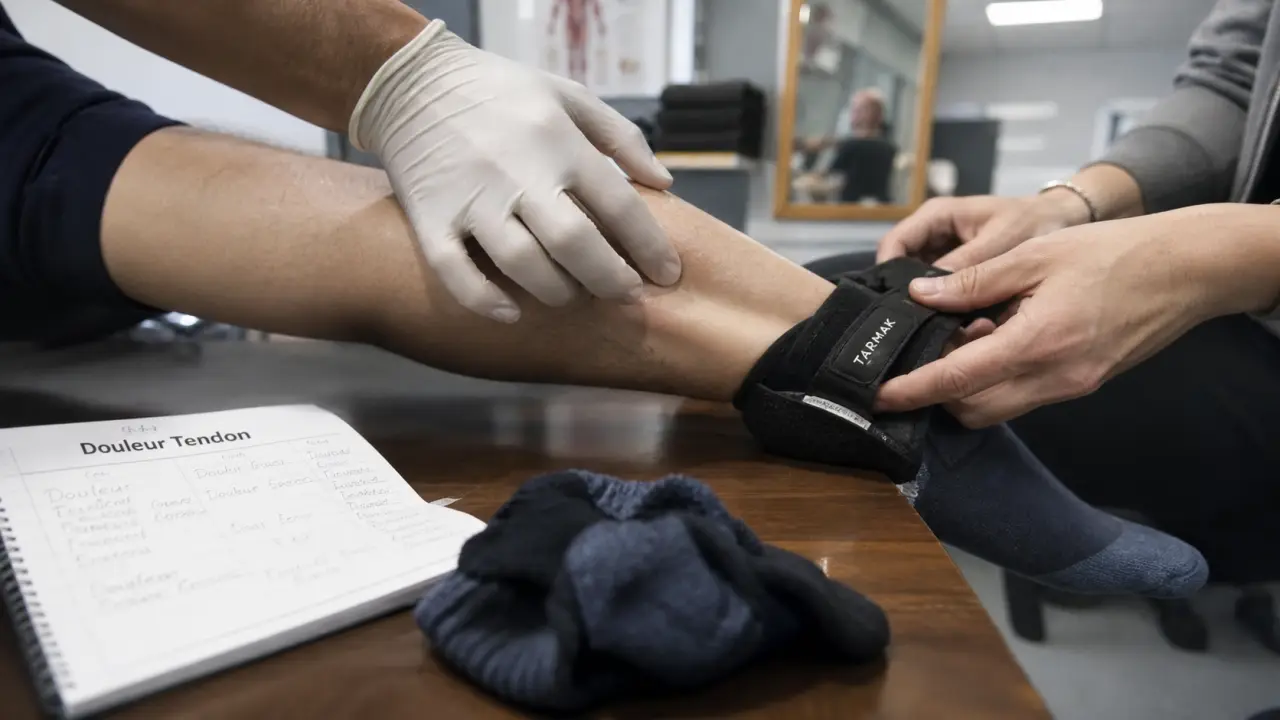 Tendinite cheville : tendon d’Achille palpé en kinésithérapie