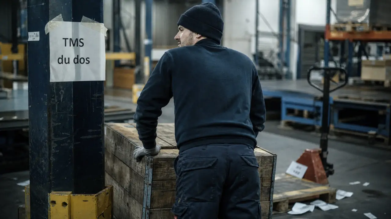 TMS du dos au travail : salarié porte une charge, lombalgie
