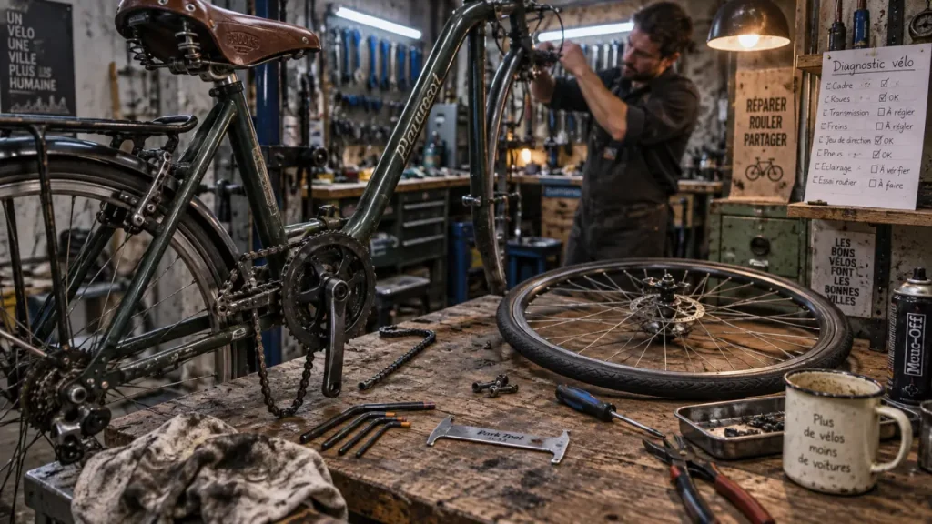 Atelier vélo Nantes : réparation vélo sur établi en atelier
