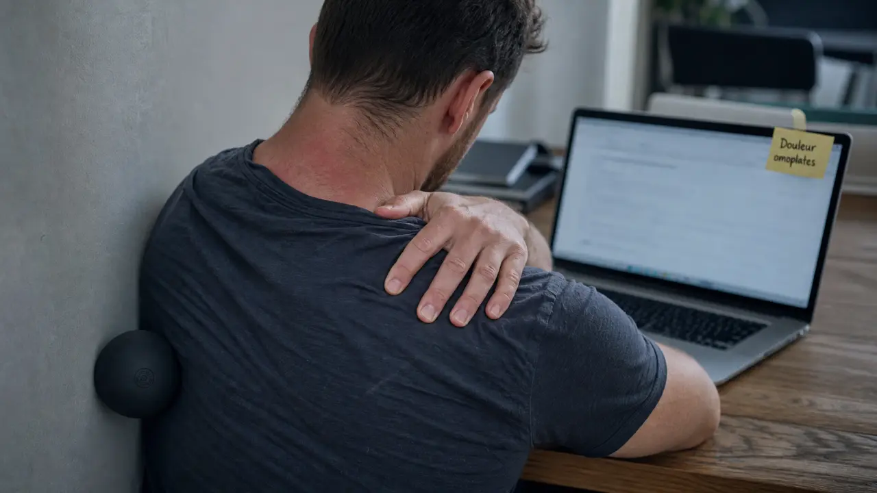 Douleur aux omoplates : main sur le haut du dos, tension musculaire près de l’omoplate