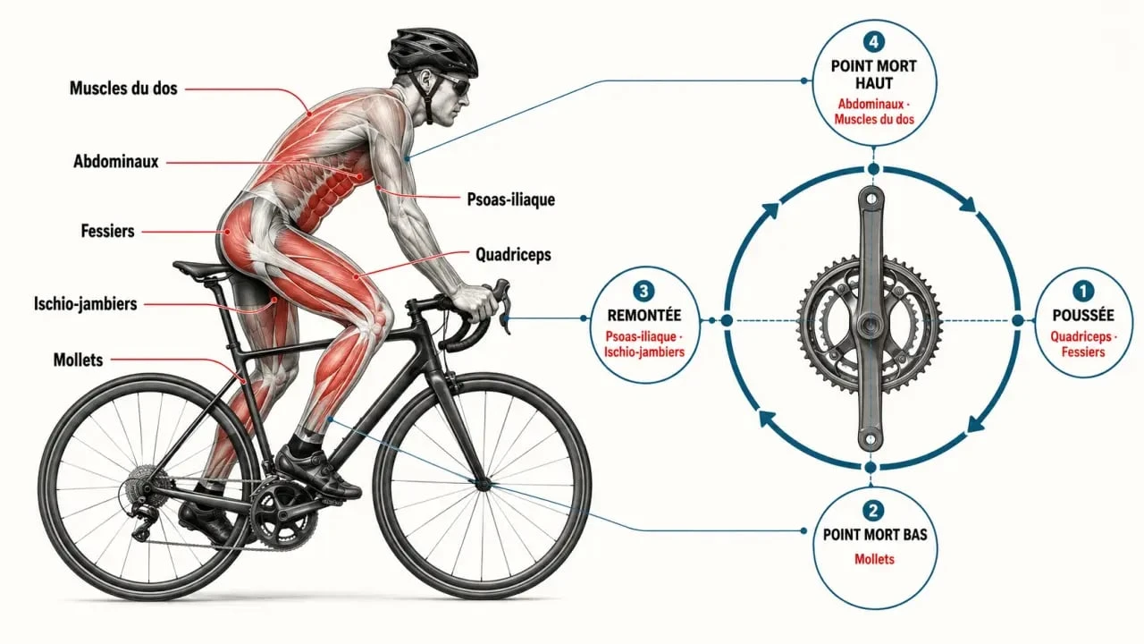 Schéma des muscles sollicités par le vélo et des phases du pédalage