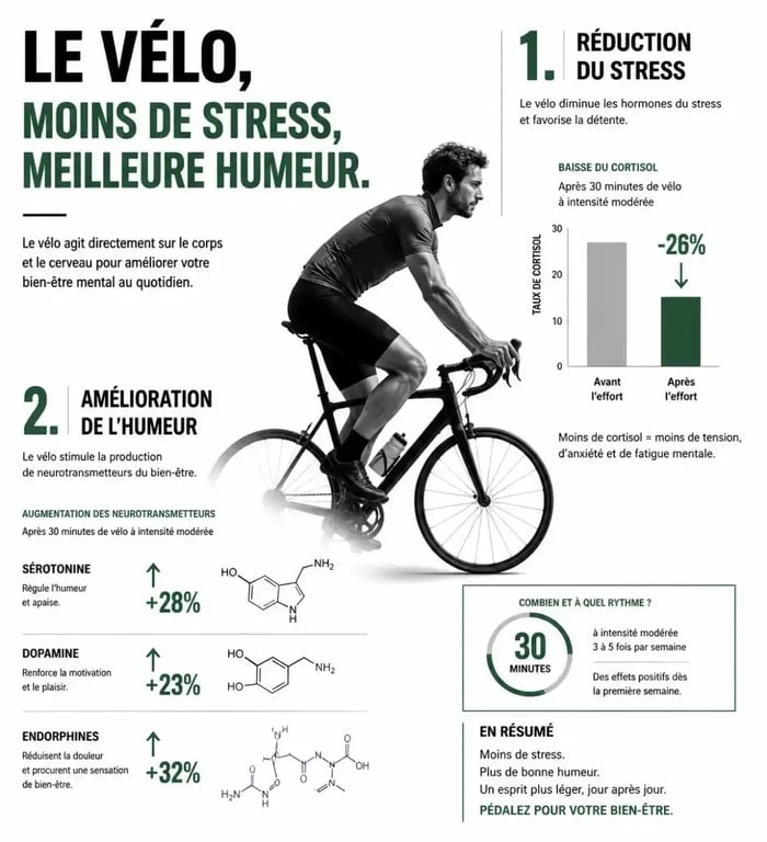 Infographie sur les bienfaits psychologiques et la réduction du stress par le vélo